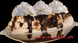Bananasplit Denne isdessert kaldet bananasplit er vist noget af en klassiker. Her serveres den i traditionel stil med 3 forskellige is. Pyntes gerne med flødeskum og chokoladedrys og selvfølgelig en miniparaply.