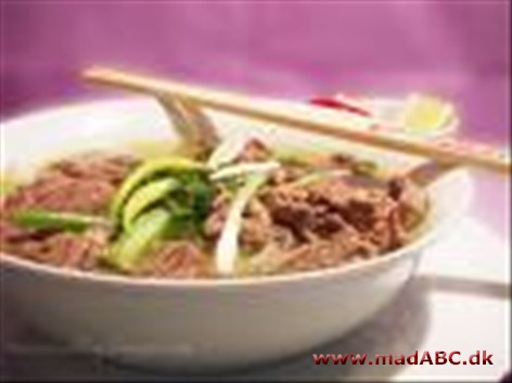 Banh Pho Bo Banh Pho Bo er en vietnamesisk nuddelsuppe der ofte serveres med oksekød eller kylling. Da suppen skal simre længe er det en rigtig god ide at lave retten i god tid.