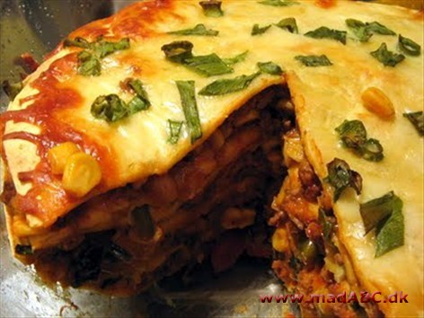 Mexicansk lasagne Se dette er den ægte mexicanske lasagne med avocado salsa til - fås nok ikke bedre.