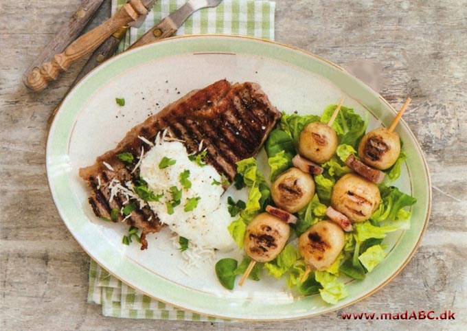 Bøffer med kartoffelspid og peberrodsdressing