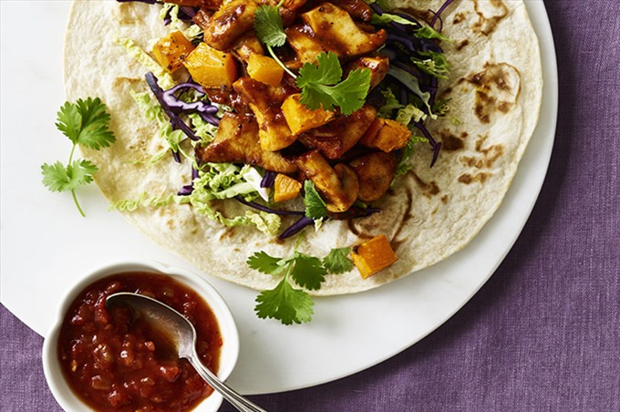 Burrito med svampe og bagt græskar