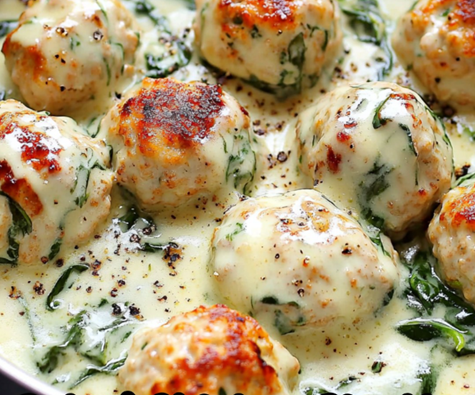 Bagte kyllinge-ricotta-kødboller med spinat-Alfredo-sauce