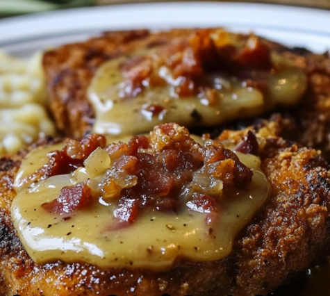 Sprødstegte svinekoteletter med bacon- og løgsauce