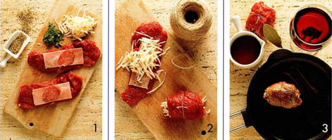 Roulader med oksekød, skinke, ost og salami