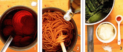 Rød pasta med grøn sovs